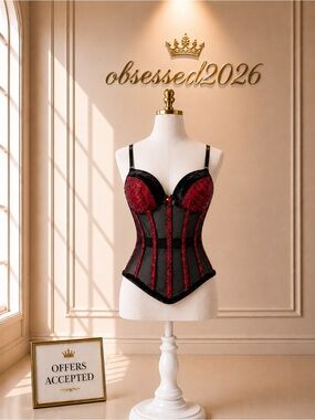 Red & Black Lace Corset Bodice with Structured Boning